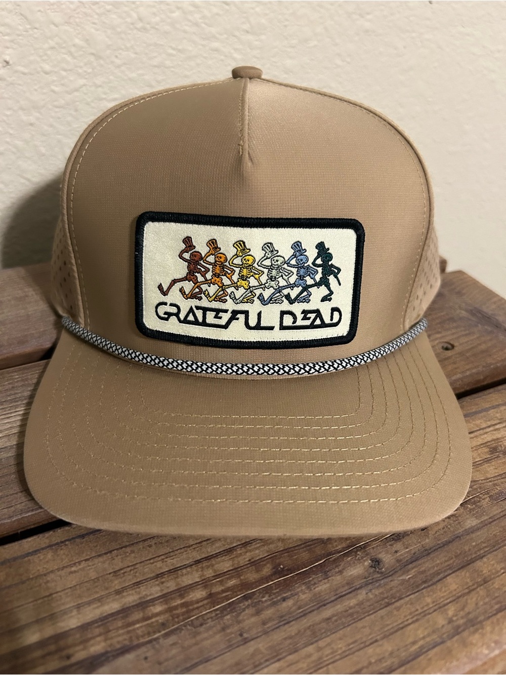 Grateful Dead Tan Trucker Performance Hat with Dancing Skeletons Patch